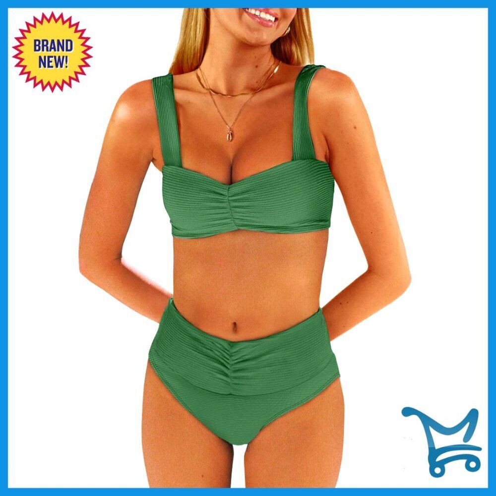 Tummy Control Bikini Set Ruched Mid Waist Adjustable Straps Slim Fit Swimwear